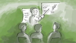 Karikatur Lehrer präsentiert mit Zuhörern - grüne Version